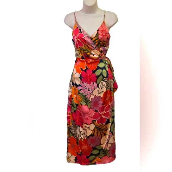 NATIVE CHIC Hot Pink/Green Multi-Color Tropical Satin Wrap Midi Dress, Large - Picture 13 of 16